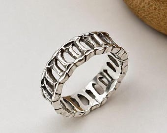 Sterling Silver Skeleton Ring, Gothic Y2K Grunge Band, Unisex Statement Jewelry