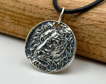 Sterling Silver Lion Coin Pendant – Oxidized 925 Necklace for Men and Women – Textured Animal Totem Medallion