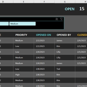 Op de afbeelding: Een spreadsheet met een zwarte achtergrond en witte tekst. De spreadsheet heeft de titel "ISSUE TRACKER". De spreadsheet heeft kolommen voor issue nummer, issue, type, prioriteit, geopend op, geopend door, gesloten op, gesloten door en notities. De spreadsheet heeft 9 rijen met data.