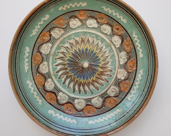 1970s Horezu Pottery, Plate 25cm ,Wall and Serving Dish, Vernil Green and Burnished Copper