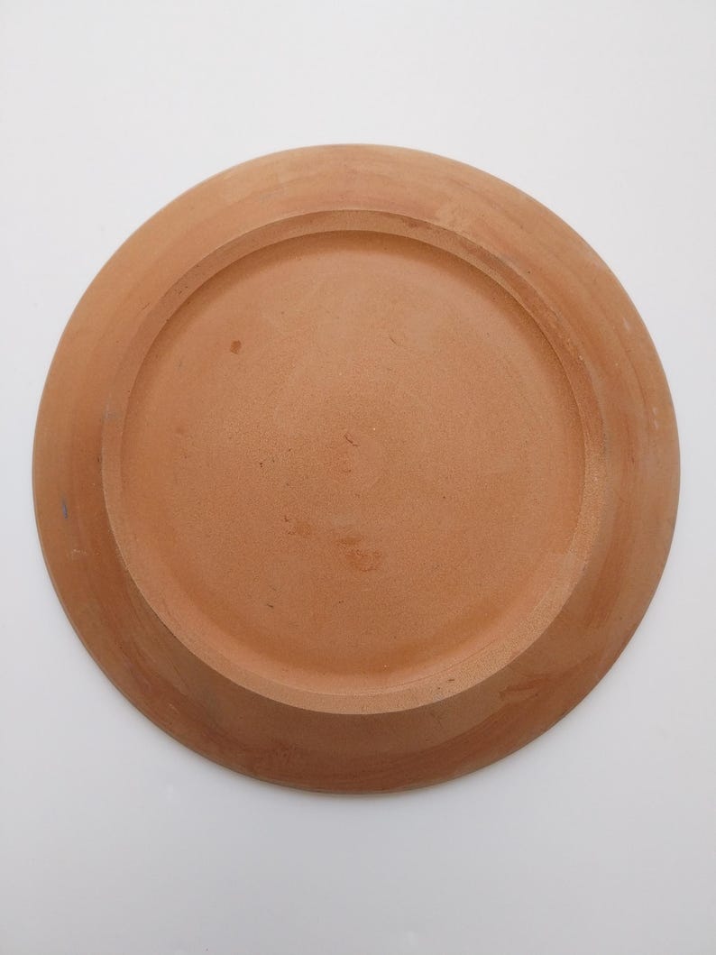May include: A terracotta plate with a smooth, slightly textured surface. The plate is round and has a slightly raised rim.