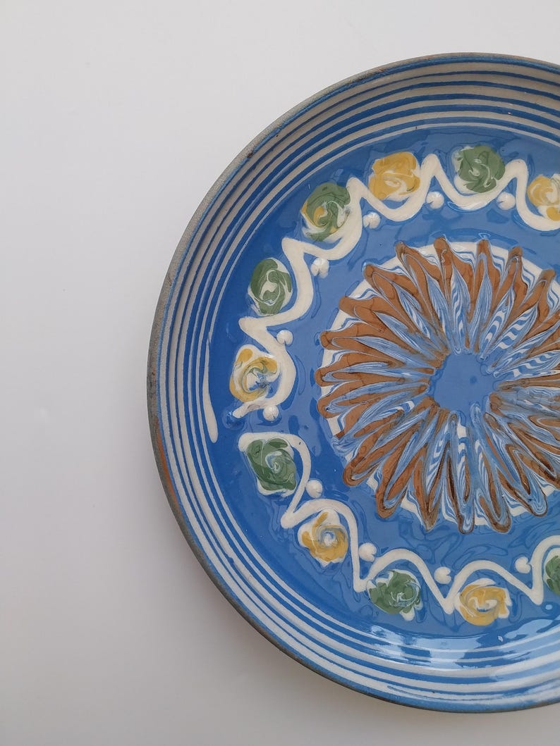 May include: A blue ceramic plate with a white rim and a decorative design of brown, yellow, and green swirls and flowers.