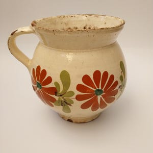 Hand-Painted Ceramic Vessel, Transylvania, Mid-20th Century, Floral Pot with Handle, Vintage European Decorative Jug