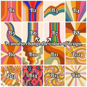 Może przedstawiać: Kolekcja szesnastu grafik w stylu retro, każda z unikalnym abstrakcyjnym wzorem w żywych kolorach. Grafiki prezentują r&oacute;żne wzory, w tym paski, fale i kształty geometryczne. Tekst na obrazie brzmi: "I can also change the colors of design."