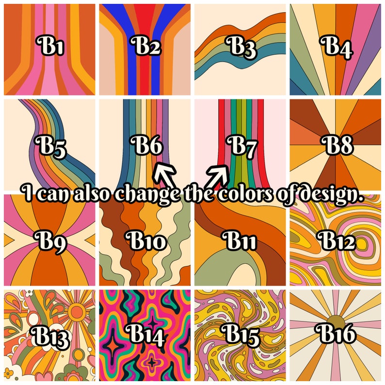 Może przedstawiać: Kolekcja szesnastu grafik w stylu retro, każda z unikalnym abstrakcyjnym wzorem w żywych kolorach. Grafiki prezentują r&oacute;żne wzory, w tym paski, fale i kształty geometryczne. Tekst na obrazie brzmi: "I can also change the colors of design."