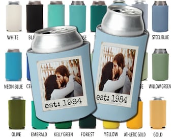 Custom Color Wedding Anniversary Party coolie Can Cooler Vintage Classic 40th 50th 60th 70th Personalized Beer Photo Favors Established Pic