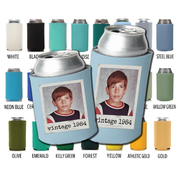 Custom Full Color Birthday Party coolie Can Cooler Vintage Classic 40th 50th 60th 70th Personalized Beer Retro Photo Favors Tons of Options