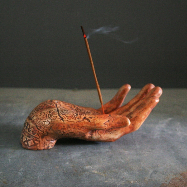 Incense holder Ceramic hand sculpture Hand jewelry holder Pottery candle holder Halloween