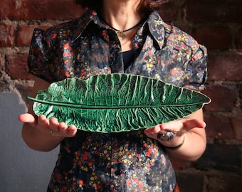Ceramic platter in the shape of a horseradish leaf Handmade pottery leaf plate Large leaf shape tray platter