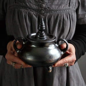 Witches cauldron Pottery pot Soup bowl two handles Cauldron with lid Witches brew black cauldron Witchcraft gothic decor  Altar Decor
