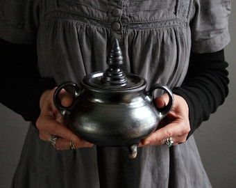 Witches cauldron Pottery pot Soup bowl two handles Cauldron with lid Witches brew black cauldron Witchcraft gothic decor  Altar Decor