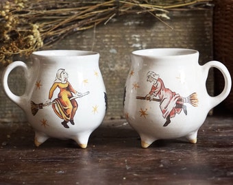 Сeramic witches cauldron coffee mug With witch flying on a broomstick overglaze painting Pottery cauldron 10 fl oz / 300ml