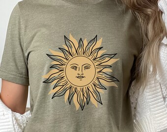 Sun Face T-shirt, Mystical Shirt, Boho T-shirt, Solar T-shirt, Moon and Stars T-Shirt, Bohemian T-shirt, Astrologic Shirt, Gift for Her