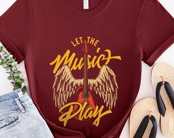 T-shirt Let the Music Play, shirt rock-'n-roll, T-shirt muziek, shirt gitaar met vleugels, shirt muziekband, shirt rockband, shirt rockband