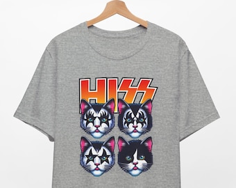 ロッカーキャッツヒスTシャツ、ロックスター子猫シャツ、面白いキスパロディTシャツ、ポップアートスタイルの猫Tシャツ、猫好きの楽しいギフトTシャツ