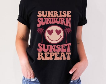 Zomershirt, strandshirt, retroshirt, zonsopgang zonnebrand zonsondergang herhalen T-shirt, vakantieshirt, shirt voor vrouwen, shirt met smileygezicht