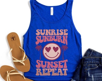 Summer Tank Top, Beach Tank for Women, Retro Shirt, Sunrise Sunburn Sunset Repeat Tank, Vacation Shirt, Tank for Women, Smiley Face Tee