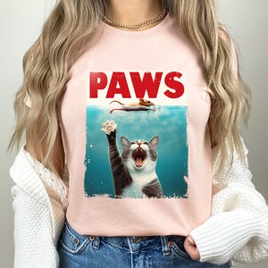Paws Funny Cat T-shirt, Funny Cat Lover Shirt, Jaws Movie Parody Funny Shirt, Cat Lover Gift Shirt, Kitten and Mouse Shirt, Parody Cat Tee