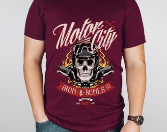 Motor CityT-shirt, Skull T-Shirt, Motorcycle T-Shirt, Bikers T-shirt, Riders T-Shirt, Skull and Fire, Motorcycle Gifts, Gift for Him