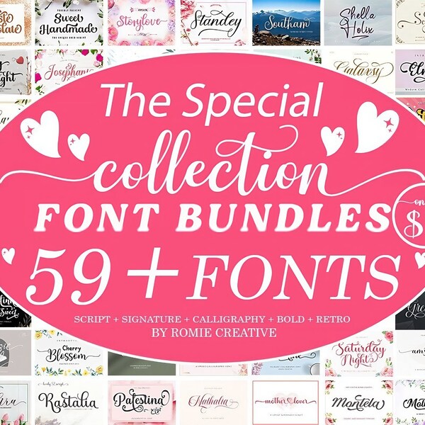 59 Font Premium Bundle: Perfect for Various Media Including Blog Headers, Posters, Wedding Elements, T-shirts, Clothing, Book Covers, Quotes