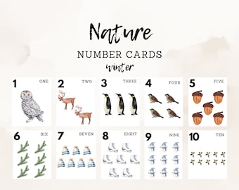 Tarjetas de números de la naturaleza, Naturaleza invernal, Números del 1 al 20, Imprimibles para la educación en el hogar, Tarjetas didácticas para contar en preescolar, Arte para exhibir en el aula