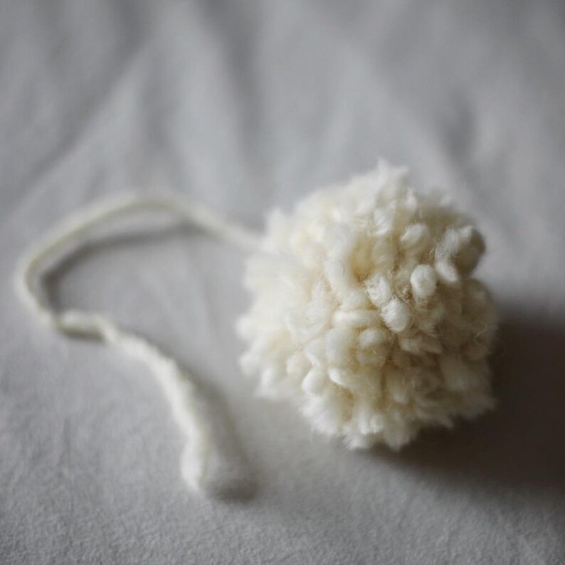 May include: A white fluffy pom-pom with a long white string attached.