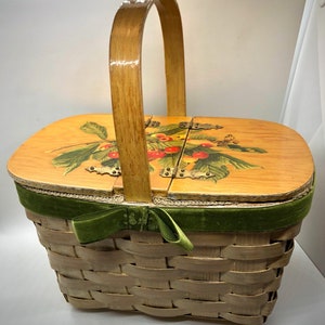 1970s | Wicker Basket Purse | Lined | Green Velvet Ribbon | Decoupage Flowers | Handle | Handbag | Cottagecore | Signed