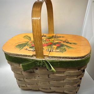 1970s / Monedero de cesta de mimbre / Forrado / Cinta de terciopelo verde / Flores de decoupage / Asa / Bolso de mano / Cottagecore / Firmado