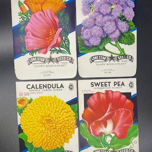 May include: Four vintage seed packets with illustrations of flowers. The packets are for California Poppy, Ageratum, Calendula, and Sweet Pea. Each packet features the Lone Star Seed Co. logo and the text "Every Seed A Plant".