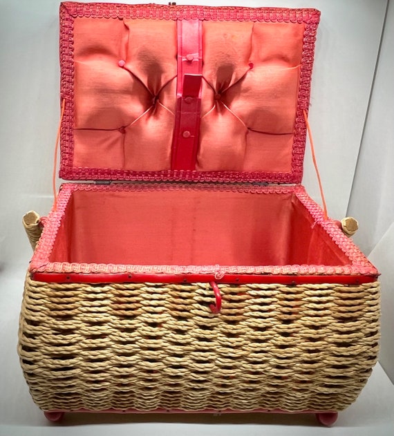 1970s | Wicker Basket | Lined Red Sewing Basket |… - image 3