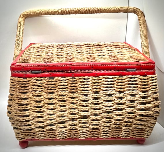 1970s | Wicker Basket | Lined Red Sewing Basket |… - image 2