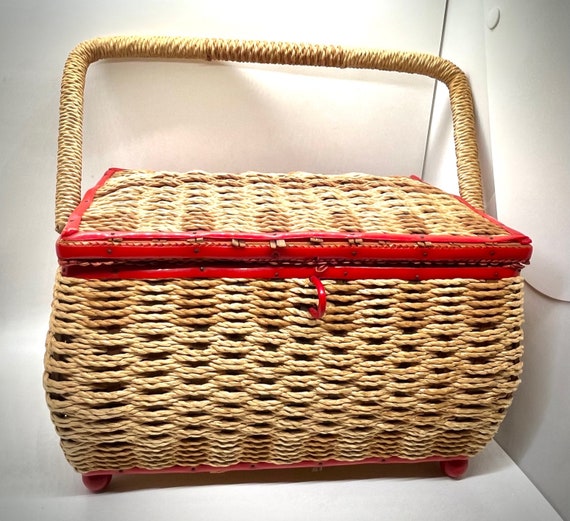 1970s | Wicker Basket | Lined Red Sewing Basket |… - image 1