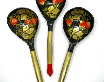 Vintage Khokhloma Folk Art Spoon | Hand Painted | Laqured | Set of 3