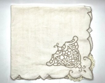 12 Vintage Ivory Embroidered Linen Napkins | Cloth Napkins with Cut Out |