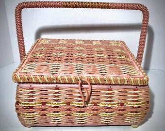 Vintage Pink Whicker Sewing Basket | Vintage Sewing Basket | Cottagecore