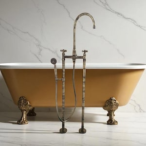 Brushed Brass Floor Mount Tub Filler with Handshower
