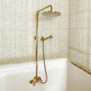 Unlacquered Brass High-Pressure Shower System with Handheld Spray and Round Shower Head, Exposed Pipe and simple cross handles
