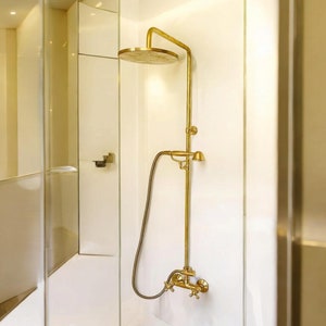 Unlacquered Brass Rainfall Shower System - High-Pressure Shower System - Solid Brass Exposed shower Head with Handheld.