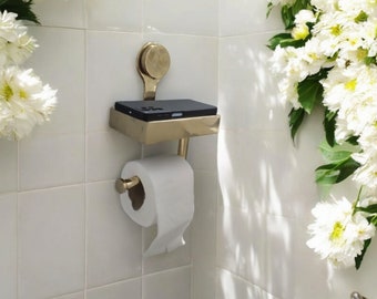 Handmade Unlacquered Brass Toilet Paper Holder with Phone Shelf