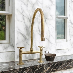 Antique Style Unlacquered Brass Bridge Kitchen Faucet