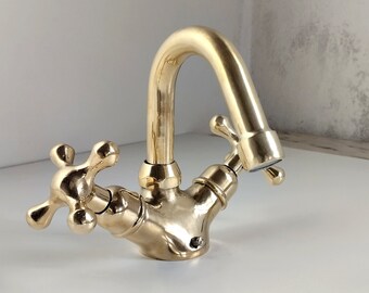 Single Hole Unlacquered Brass Gooseneck Faucet for Hot-cold water, Unlacquered Brass Bathroom Faucet, Brass sink faucet