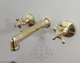 Unlacquered Brass Wall Mount Tub Filler: Two Handle Bathroom Faucet