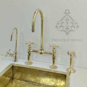 Unlacquered Brass Bridge Kitchen Faucet with Sprayer