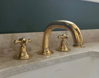 Unlacquered Brass 3-Hole Bathroom Faucet: Vintage Style Vanity Sink