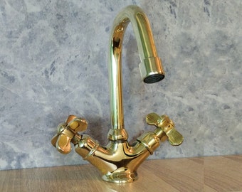 Single Hole Unlacquered Brass Gooseneck Faucet for Hot-cold water, Unlacquered Brass Bathroom Faucet, Brass sink faucet