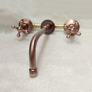 Copper Wall Mounted Bathroom Faucet: Vintage Cross Handles