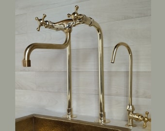 Vintage Unlacquered Brass Kitchen Faucet: Long Legs & Pivot Spout
