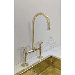 Unlacquered Brass Bridge Kitchen Faucet: Solid Brass with Sprayer