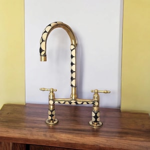 Unlacquered Brass Bridge Faucet Studded With Resin And Bone, Brass Bridge Faucet For Bathroom Or Kitchen