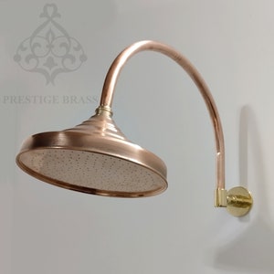 Unlacquered Copper Round Shower Head with Arched Arm: Indoor/Outdoor